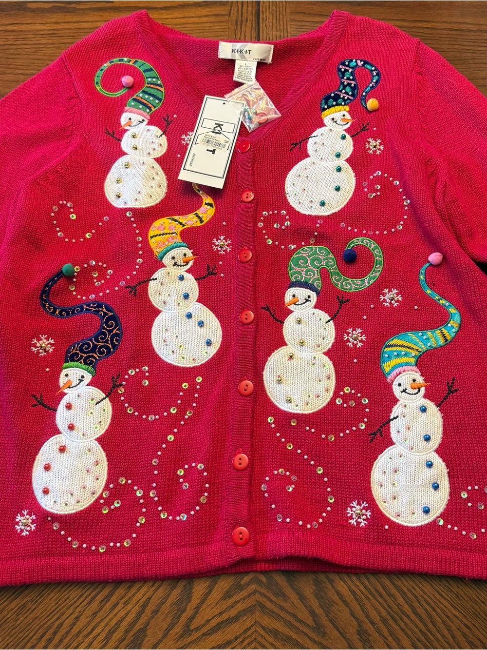 Vtg Kikit Cardigan Womens L Christmas Snowmen Snowflake Knit Red Beads NEW w TAG